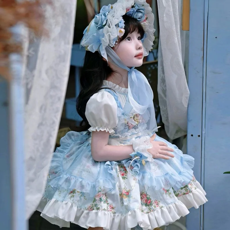 Summer Sweet Princess Dress Lolita Girls Birthday Party Fluffy Flower Bowtie Children Elegant Evening Dress French Style Clothes