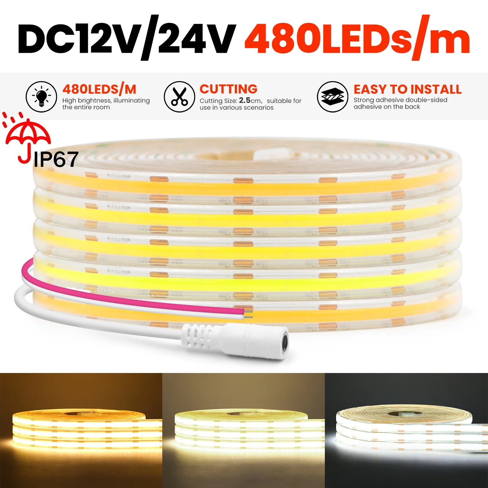 12V 24V COB LED Strip Light IP67 Waterproof COB Lights 480LEDs Flexible LED Neon Tape Ribbon High Density Linear Light 0.5-10M