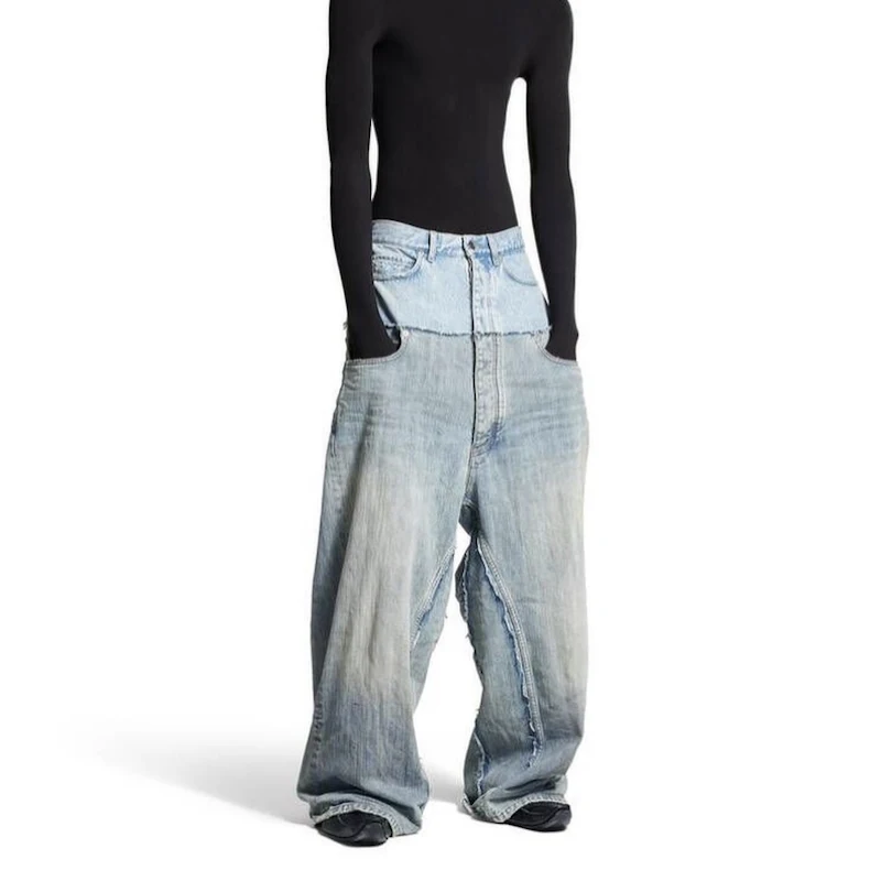Firmranch New CUT-UP Double-layer Double-waist Splicing Baggy Jeans For Men And Women Blue Cat Whisker Wreck Baggy Denim Pants