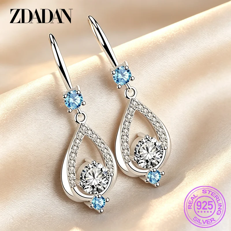ZDADAN 925 Sterling Silver Blue Crystal Water Drop Earrings For Women Fashion Party Jewelry Gift
