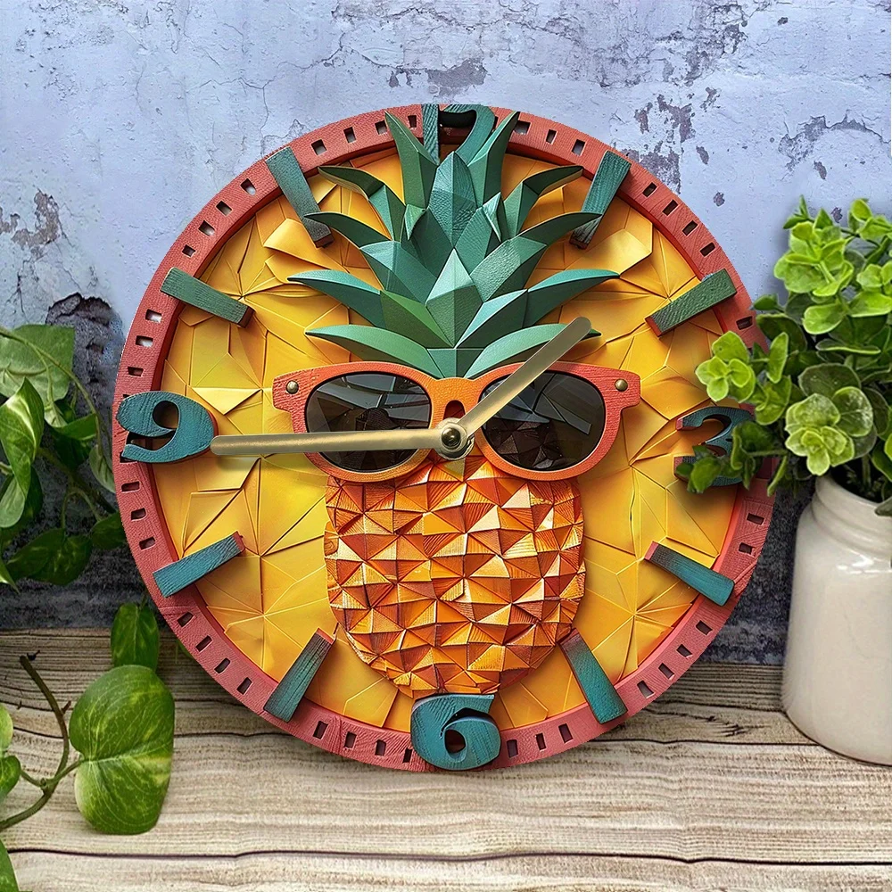 Pineapple with Sunglasses Silent Wall Clock, DIY Assembly Kit, 3D Effect Decorative Timepiece, Metal Art Set for Home Decor