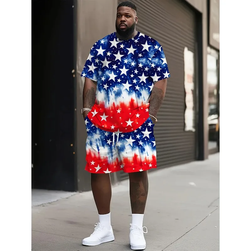 2025 Fashion Summer Large Men's 3D Printed Short Sleeved Top and Shorts 2-piece Set Outdoor Casual T-shirt and Shorts