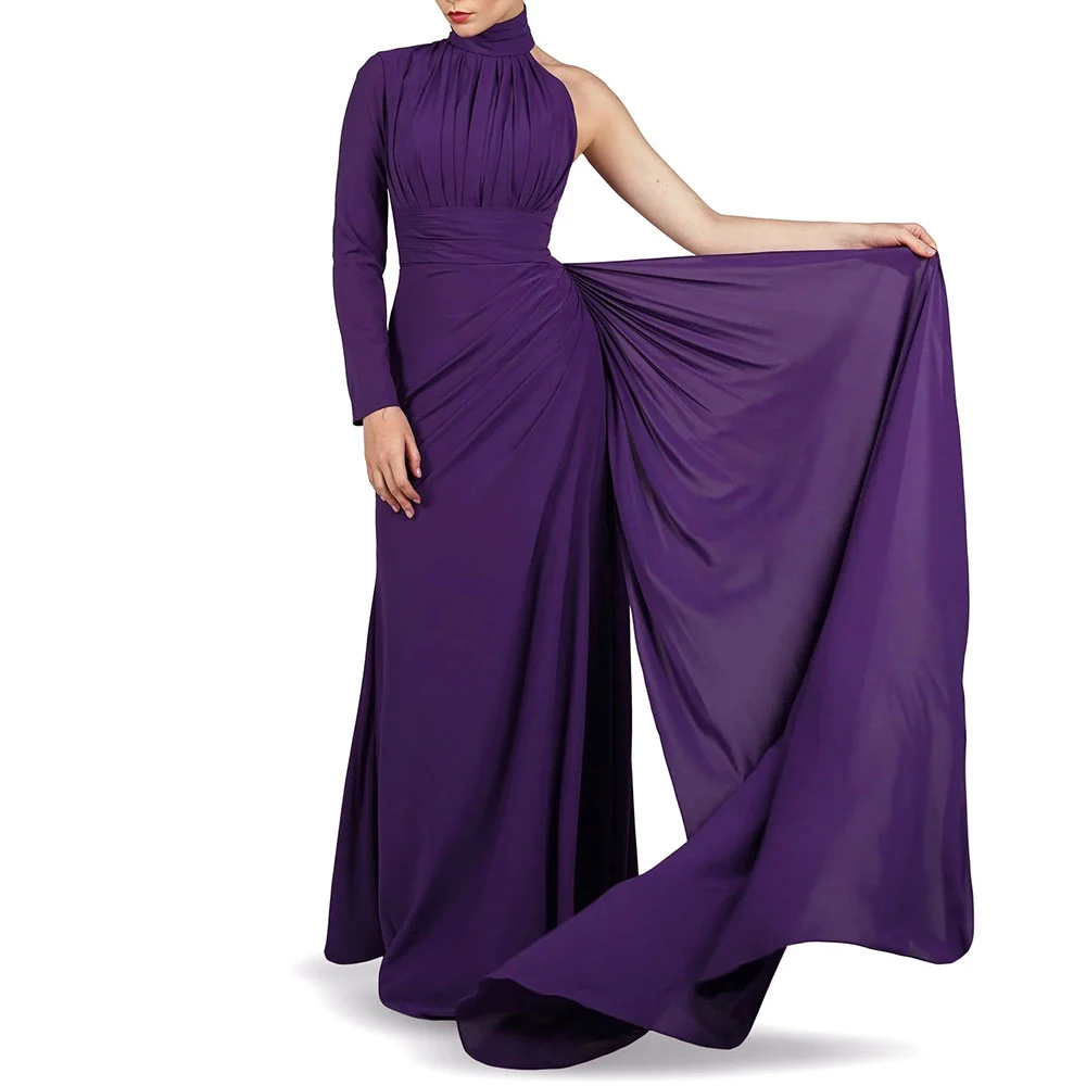 

Vindal Purple Long Sleeves Pleats Chiffon Elegant Prom Dresses High Neck Saudi Evening Party Dresses For Women 2025 Customized
