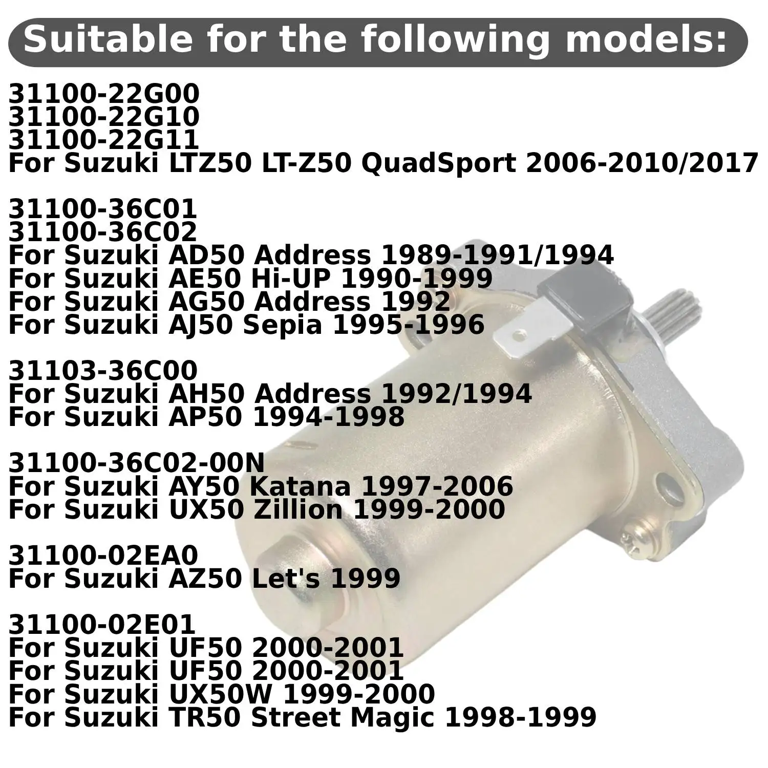 Motorcycle 12V Starter Motor For Suzuki LTZ50 LT-Z50 QuadSport AD50 Address AE50 Hi-UP AG50 Address AJ50 Sepia 31100-22G00