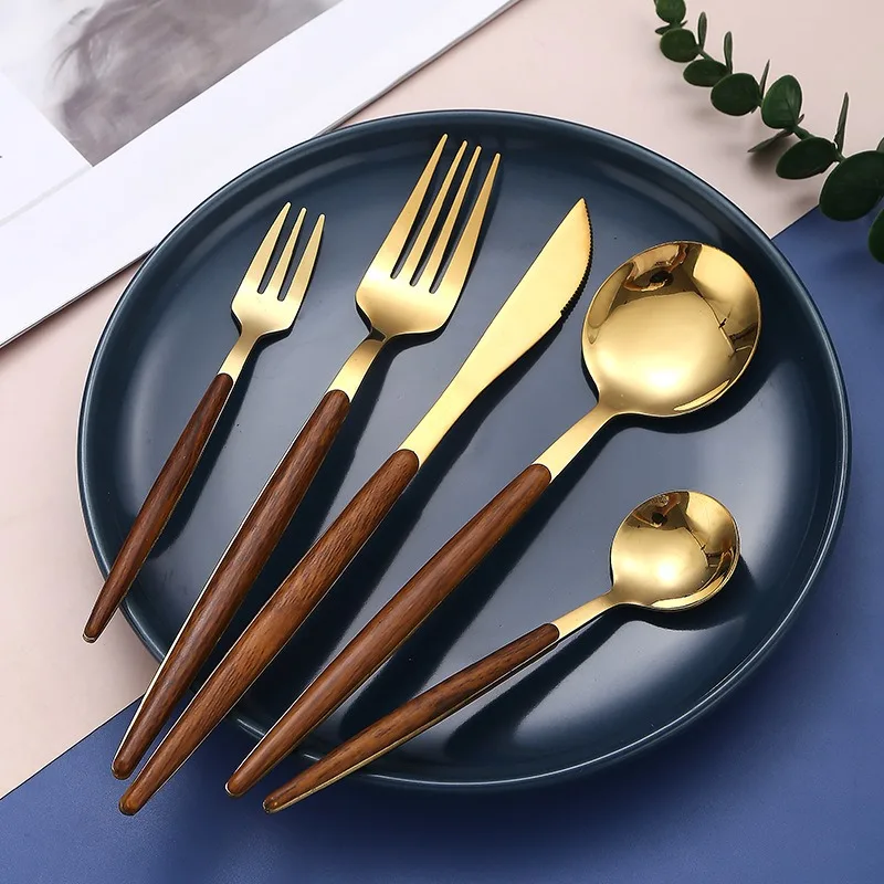 30Pcs Wooden Tableware for Kitchen Cutlery Set Stainless Steel Dinnerware Sets Glossy Wood Western Food Knife fork Teaspoon