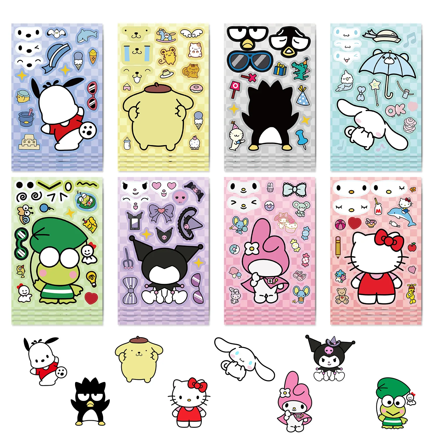 8/Sheets Cute Sanrio Hello Kitty Anime Puzzle Party Stickers DIY Make-a-Face Assemble Funny Cartoon Decal Girl Kid Gift