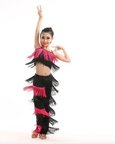 Latin Dance Dresses Ballroom Fringe Tassel Dress Pants Sequin Fringe Salsa Samba Costume Kids Children Girls Height