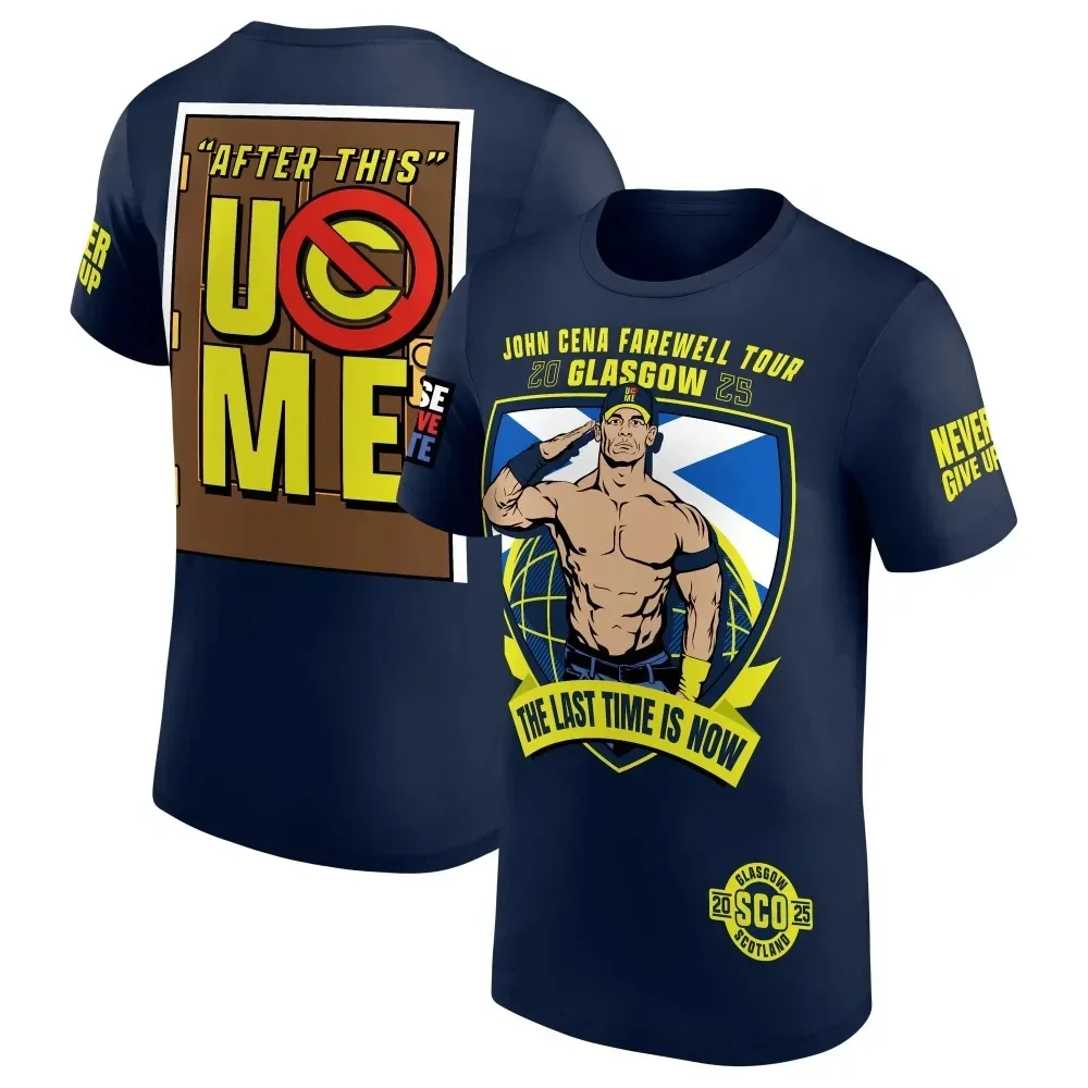 Camiseta azul marino John Cena ropa masculina del Tour de Glasgow 2025، manga corta de verano grande para deportes al aire libre