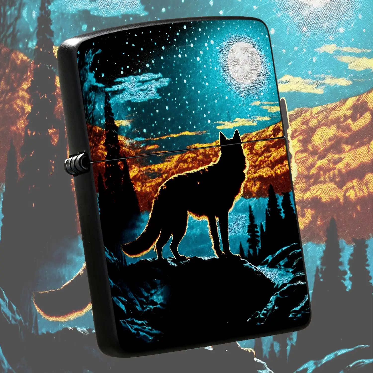 Retro Wolf Silhouette Under Full Moon Starry Night Printed Pocket Lighter, Vintage Wilderness Scenery Themed Portable Ignition Accessory For Outdoor Camping Daily Use, Unique Decorative Gift For Nature Lovers And Art E A Humorous And Intere