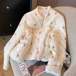 Apricot Floral Flower Kawaii Stand Collar Vintage Bumber Jackets for Women Winter Padded Cotton Parkas Coat Korean Sweet Girls