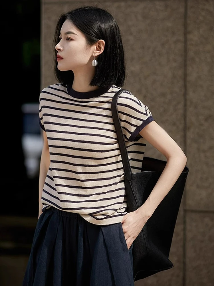 

Faionable Striped Color Blo ort Sve round Ne Pullover Summer New Sle Casual Commute Versatile Base irt Женский...