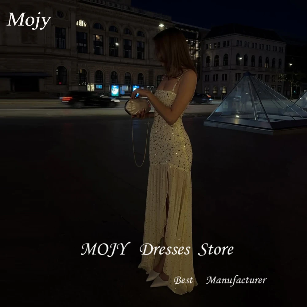 

Mojy customized Spaghetti Strap Glitter Illusion Prom Dresses Side High Slit Sexy فستان سهرة نسائي Floor-length Party Dresses