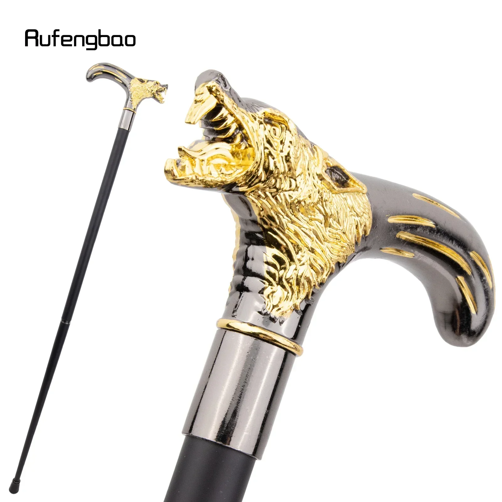 Cabeça de lobo preto dourado mordendo bengala moda decorativa vara cavalheiro desempenho cana 92cm desempenho palco cana