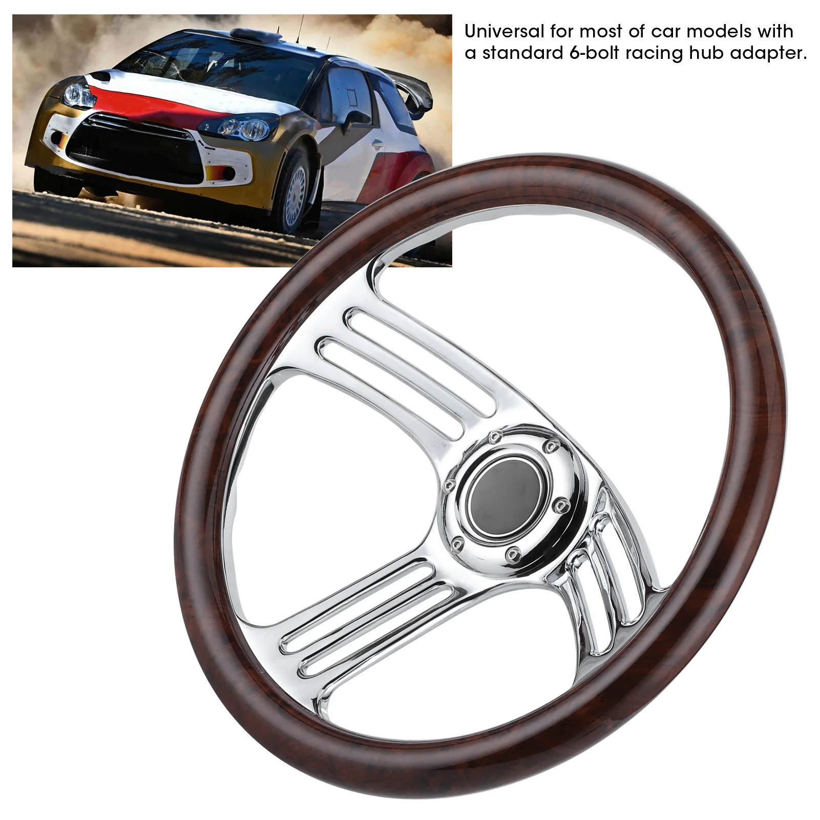 

350mm/14in Dark Wood Grip 6‑Bolts Chrome 3‑Spoke Steering Wheel Vintage Style