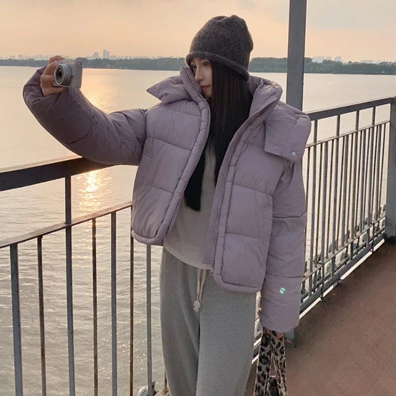 

Luxury High Quality Loose Stand-Up Collar Hooded Thickened Cotton Jacket for Women Short Winter Warm Puffer Coat New Trendy Tops
