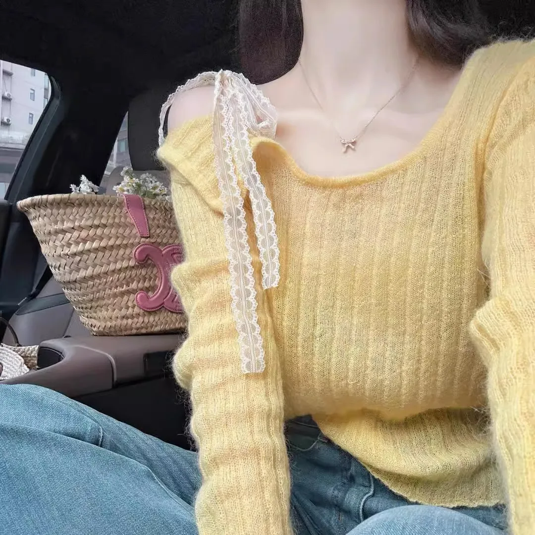 2025 Autumn Mohair Knitting Sweater For Women Off Shoulder Style Lace Ribbon Lightweight New Knit Top