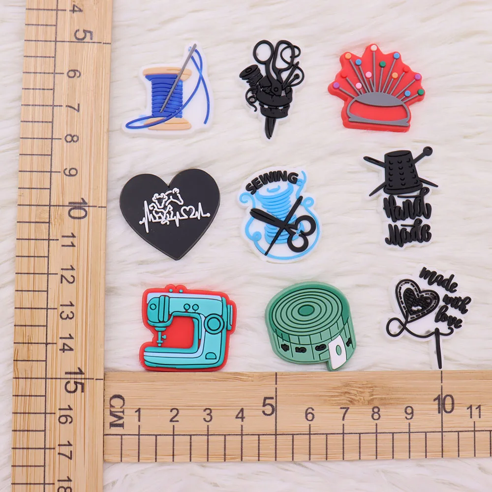 9Pcs Sewing Machine Needle and Thread PVC Adult Shoes Charms Scissors Clog Button Decorations DIY Party Gifts