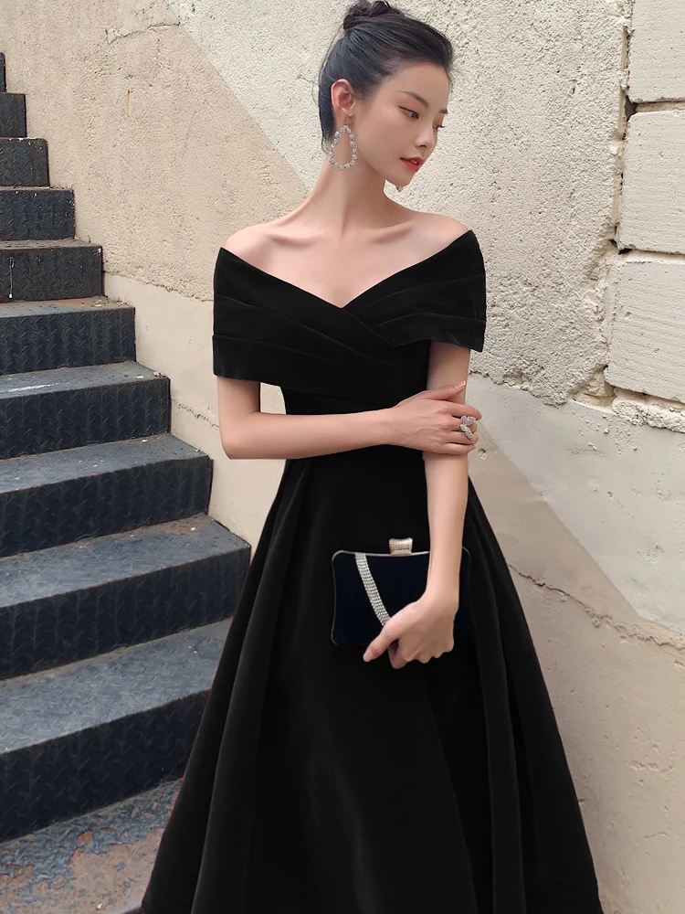 

Bla Velvet Long Dr Women's Slimming plus Size Pregnant One oulder Par Korean Sle A-Line Skirt Evening Gown