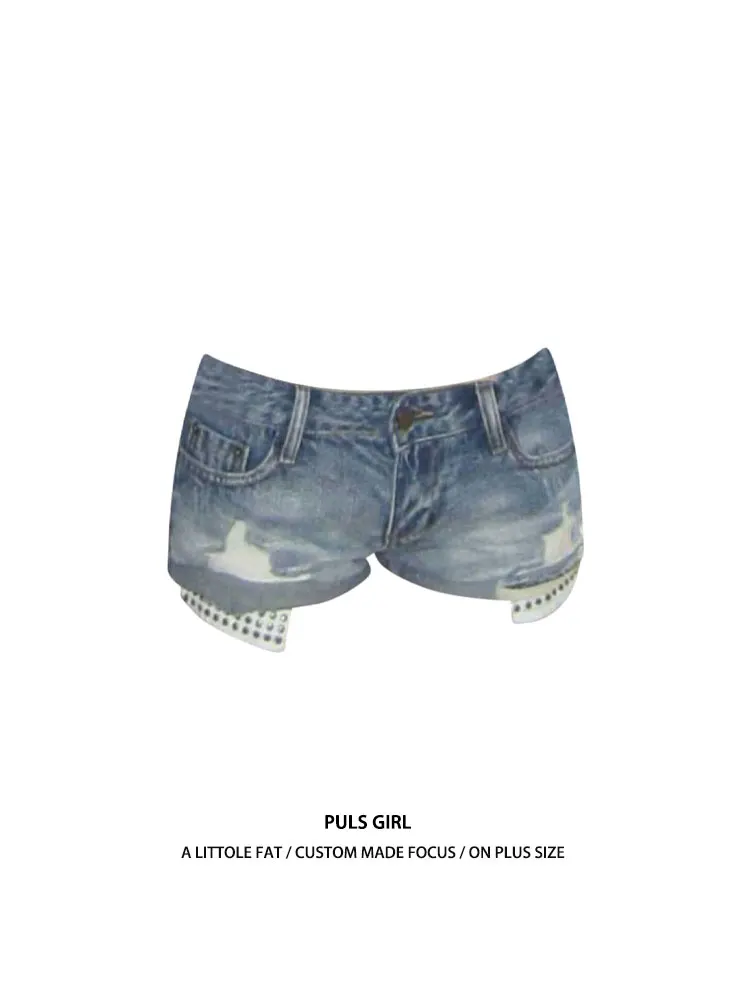 

Retro American Washed Distressed Rivet Pocket Denim Shorts Women's Slim Fit Summer Trendy Hot Pants Low Waist Casual Pure Color