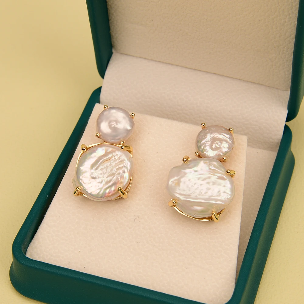 GG Cultured White Coin Keshi Pearl Gold Plated Stud Earrings For Lady