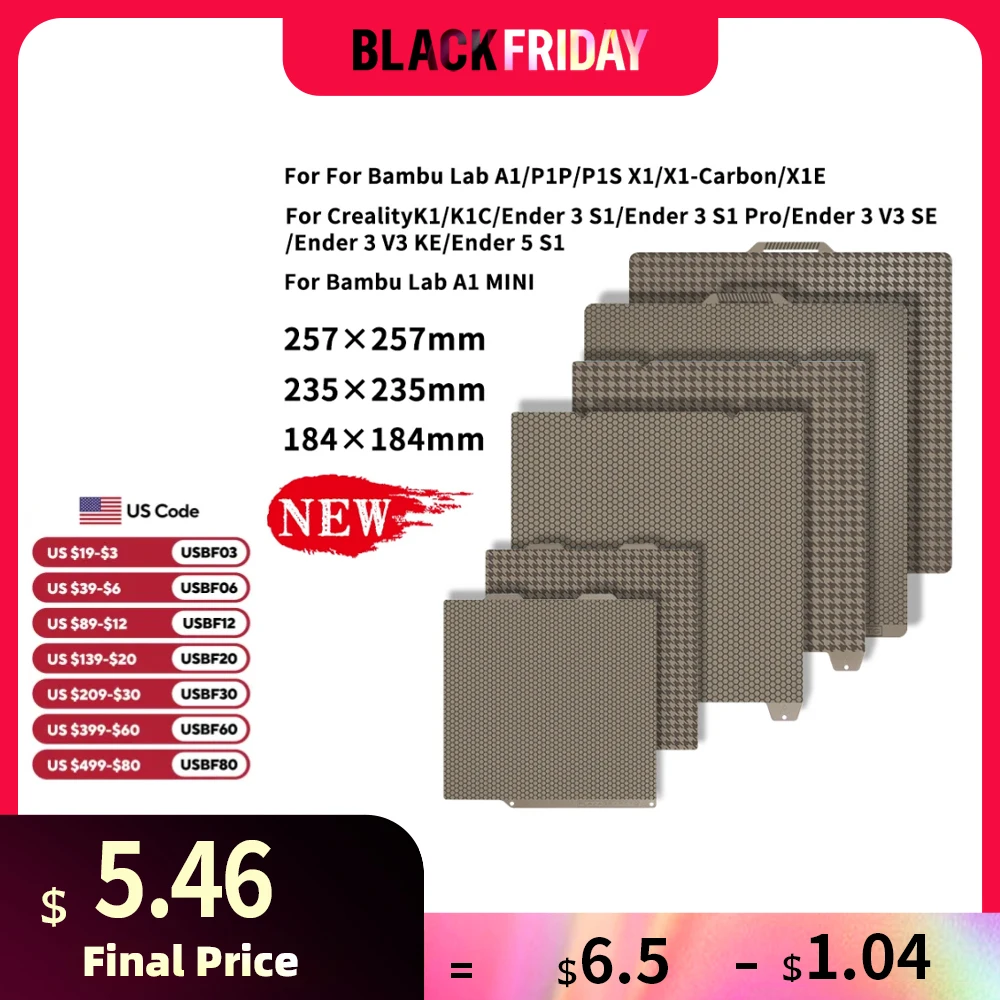 The Latest Version Build Plate for Bambu X1/P1 A1 mini Creality K1 Honeycomb PEI and Houndstooth PEl Double Printing Steel Sheet