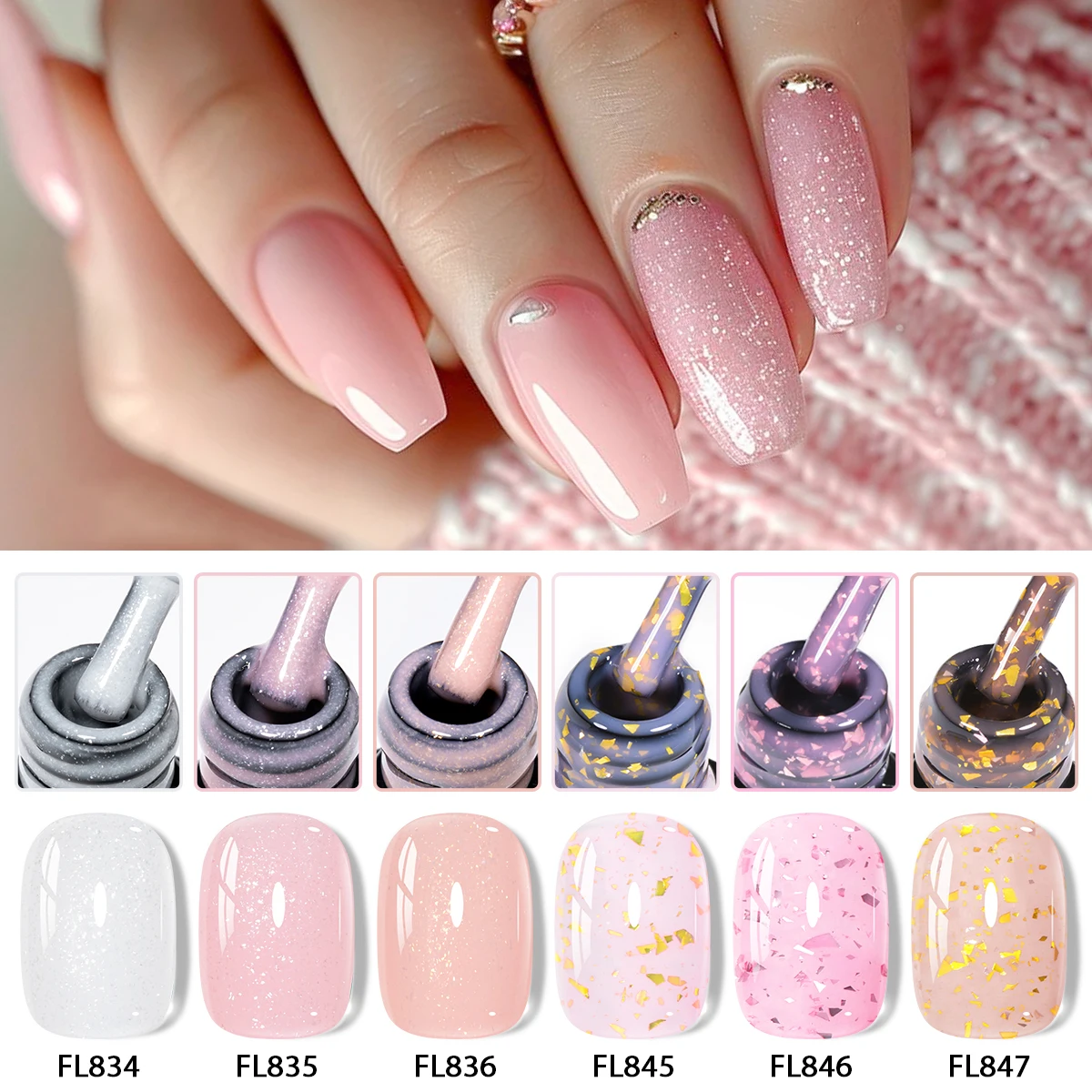 6pcs 10ml 2-in-1 Glitter Rubber Base Gel Polish Sparking Gold Sequins Semi Permanent Soak Off UV LED Varnish DIY Nail Art Salon