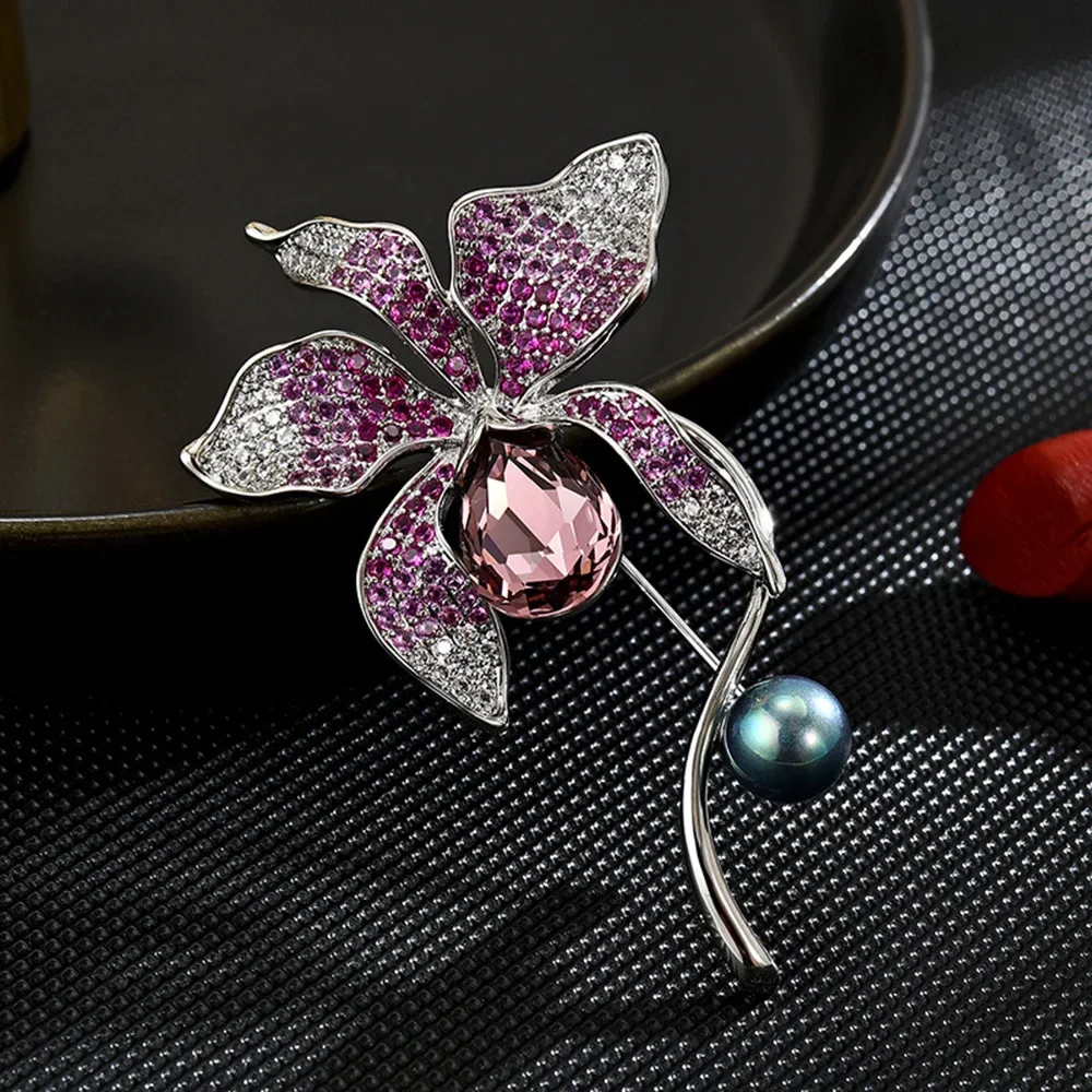 Purple Rhinestone Lily Brooch Exquisite Plant and Flower Brooches Jewelry Women's Clothes Dresses Coats Pins Accessories Gifts