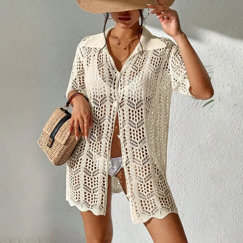 2024 Summer Sexy Knitted Beach Bikini Blouse Sun-protective Clothing Perspective Elegance New Beach Skirt Women's Solid Color