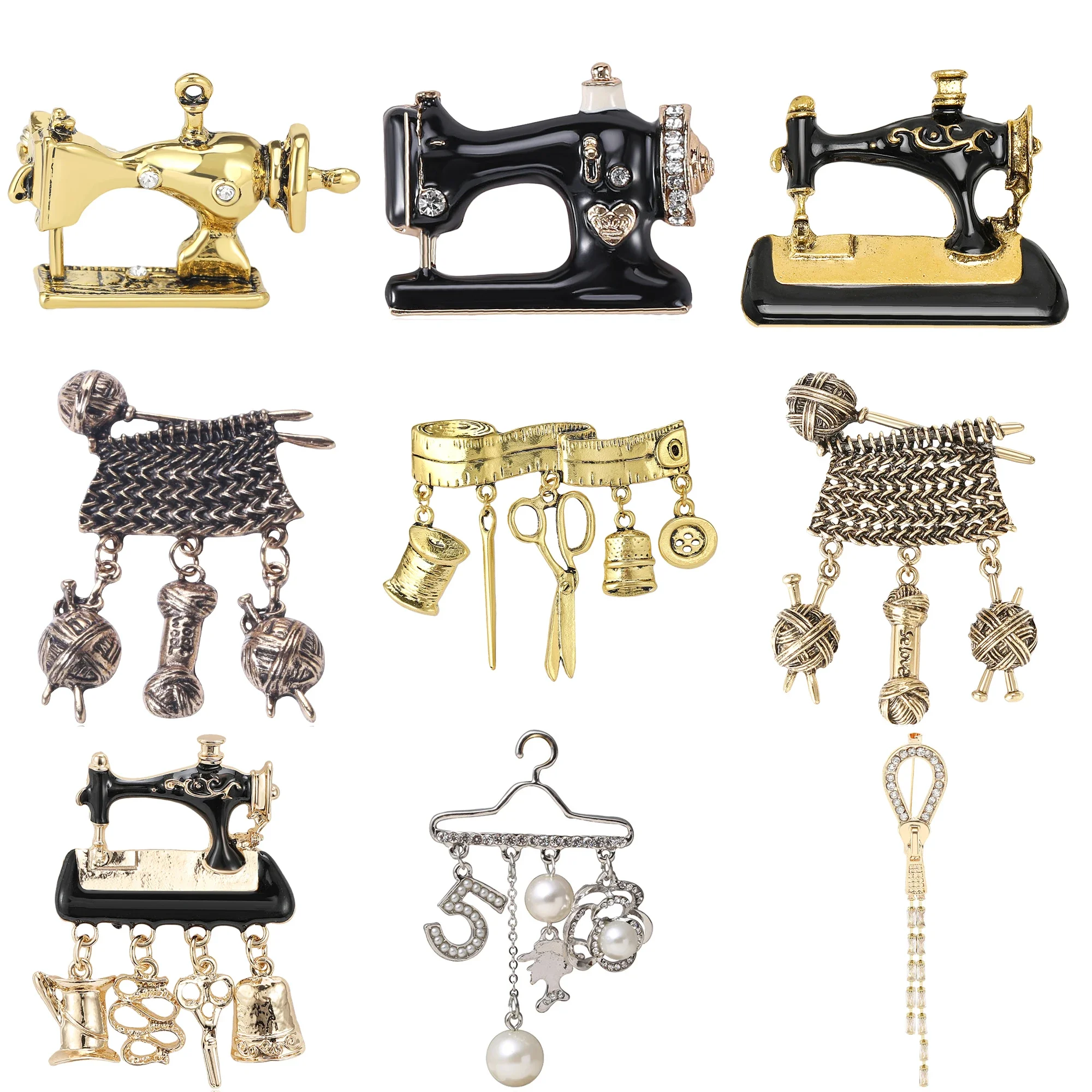 Trendy Rhinestones Sewing Machines Brooches for Women Unisex Pearls Tools Pins Banquets Party Backpack Gifts Jewelry Accessories