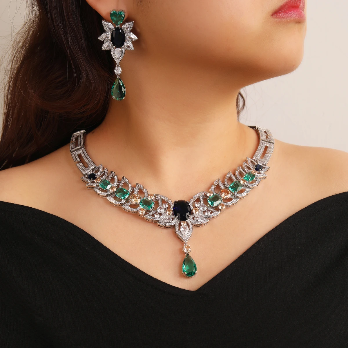 New Elegant Cubic Zirconia Ladies Party Wedding Necklace And Earrings Set Luxury Bridal Jewelry Set  CN11520