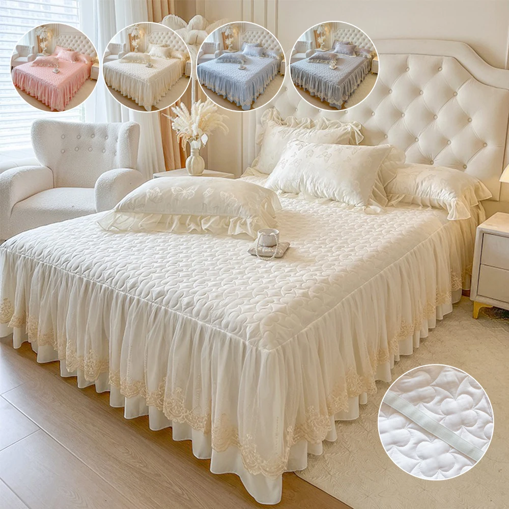 

3PCS Soft Bed Sheet Lace Skirt with Elastic Band Double Bedspread with Pillowcases Mattress Cover Bedding Set Покривало 레이스침대커버