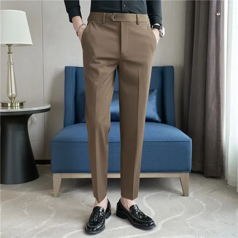 2024 Autumn Men Blue Suit Pants Casual Elastic Slim Fit Formal Dress White Trousers Pantalon Homme Wedding Party Men Clothing