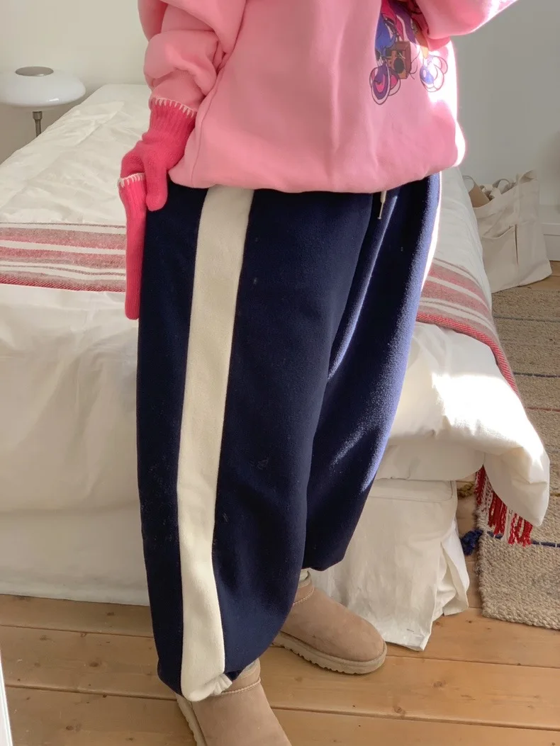 Korean style Winter color matching cute girl contrasting color solid color fleece thermal sweatpants trousers women