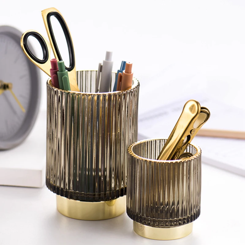 Gold Margin Thickened Glass Storage Bucket Dark Green Pen Holder Storage Jar Cup Makeup Brush Bucket Tabletop Vase Storage Box