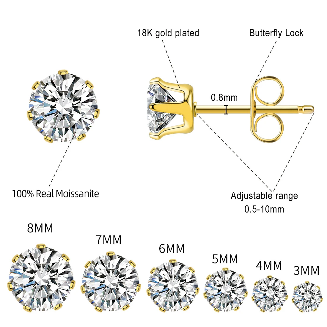 RAPRGOLD GRA Certified 3-9mm Multi-size Moissanite Stud Earring For Women Men 925 Sterling Silver Piercing Earring Jewelry Gifts