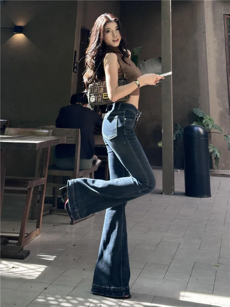 

American High Street Design Low Waist Flared Jeans Women's Spring Autumn Tight Elastic Floor-Length Pants for Taller Women