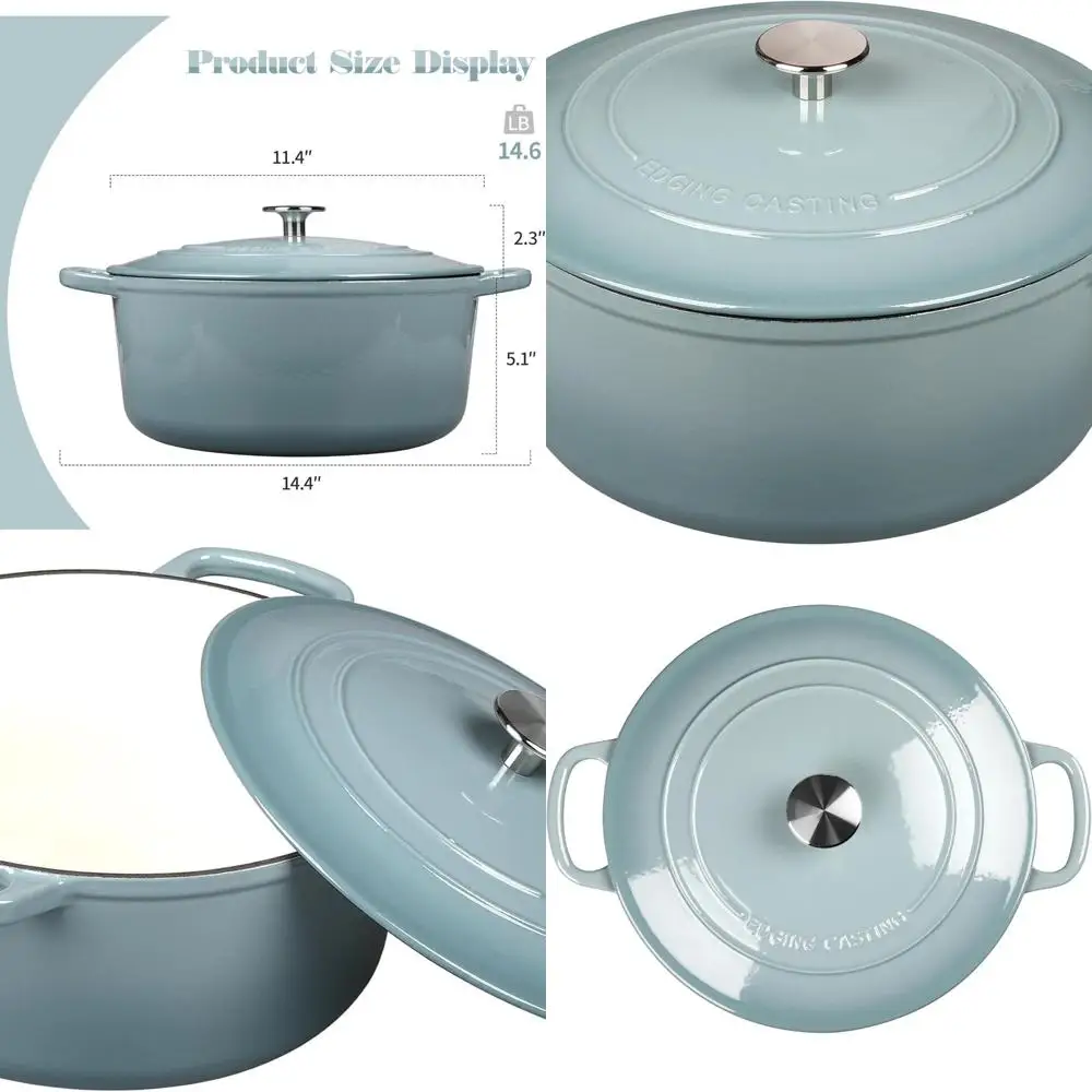 

7-Quart Sea Salt Cast Iron Enamel Dutch Oven with Lid and Dual Handles for Baking and Cooking