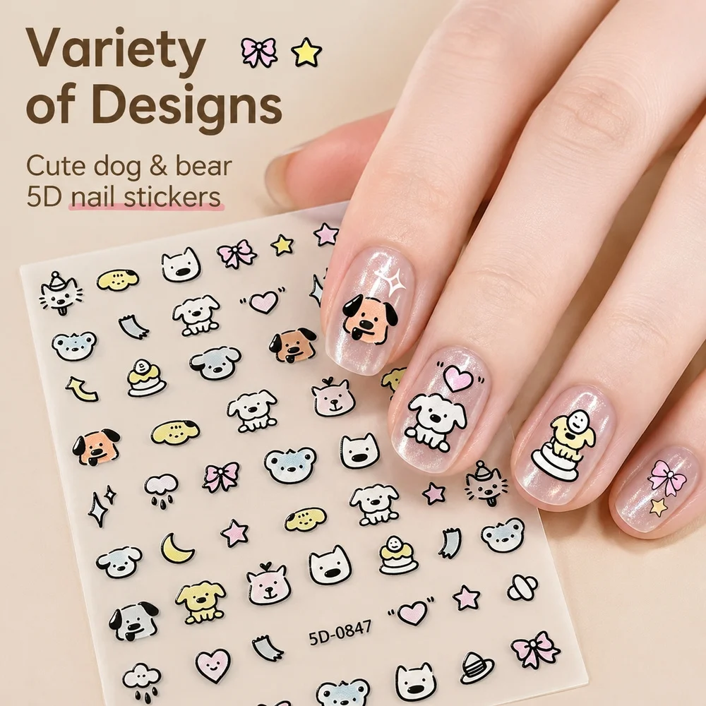 1Pc Line Art Cartoon Dog 5D Nail Stickers Embossed Mixed Bear Cat Moon Element Self‑Adhesive Decals For Beginner Nail Art Decor