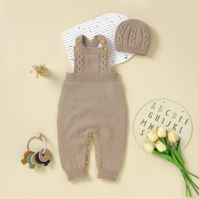 Baby Romper Set Solid Knit Toddler Kid Sling Clothes Hat 0-18M Overalls Playsuit 2PC Infant Girl Newborn Boy Jumpsuit Sleeveless