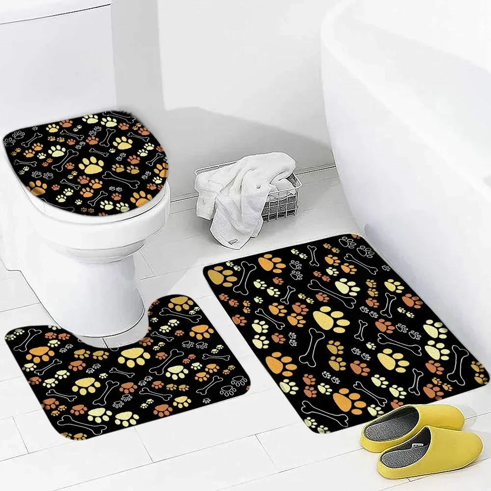 Animal Footprint Bath Mat Set Funny Cat Dog Pattern Print Children Home Carpet Kids Bathroom Decor Non-Slip Rug Toilet Lid Cover