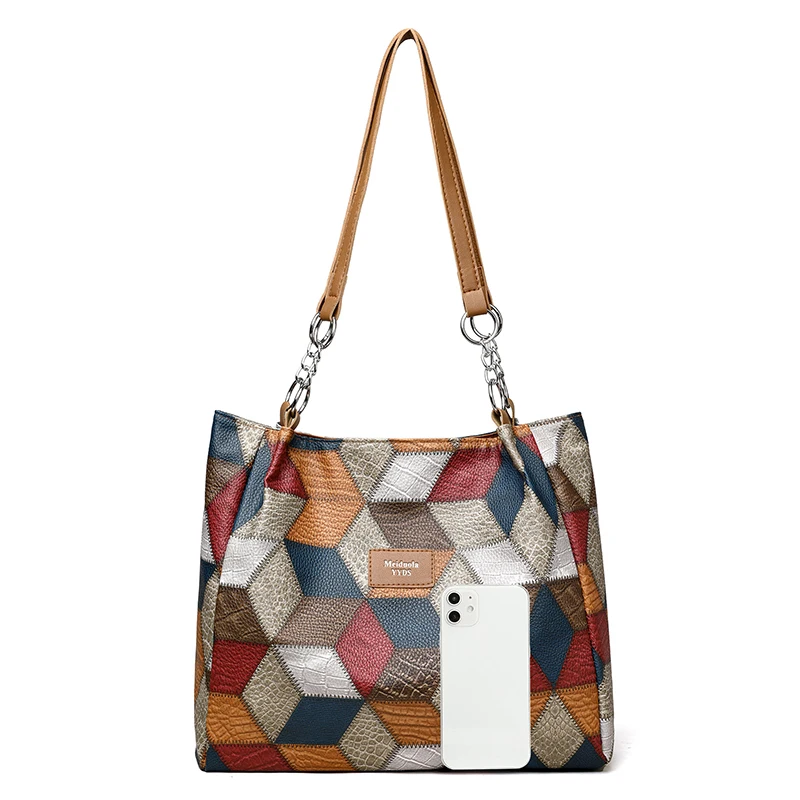 Mode Kontrast Farbe Große Kapazität Weibliche Einkaufstasche PU Leder dame Schulter Tasche Marke Designer frauen Shopper Handtaschen – Detail 16