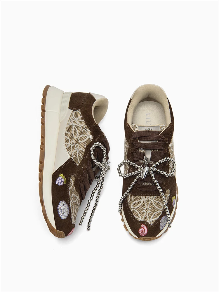 Spring new cow velvet beaded lace-up thick-sole mesh couple casual shoes heightened street large size small size flat women shoe