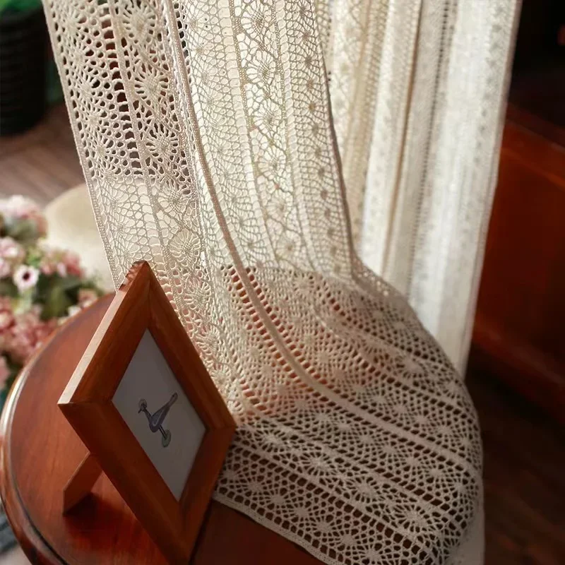 

Boho Curtains For Living Room Vintage Crochet Lace Curtains for Farmhouse Retro Hollow Sheer Curtain Panels Drapes For Patio