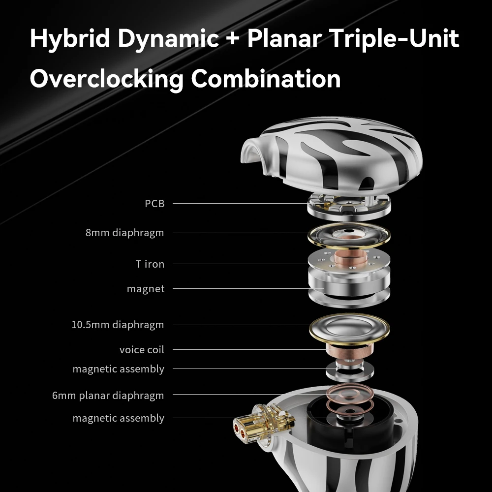 TRN White Tiger Hybrid Auriculares de diafragma plano con controlador dinámico dual y cable híbrido plateado de alta calidad