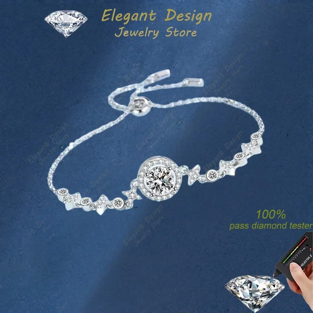 Elegant Store Platinum PT950 Sparkling 1CT Real Moissanite Bracelet Women, Luxury Fine Jewelry Birthday Gift for Girlfriend