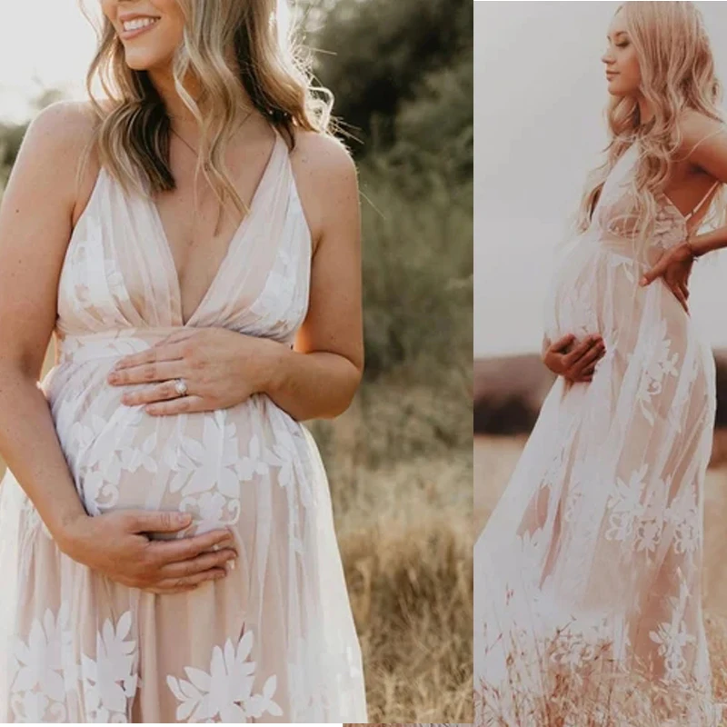 White Maternity Gown  Baby Shower Dress Pregnancy Photoshoot Dresses Boho Beach Gender Reveal Dress