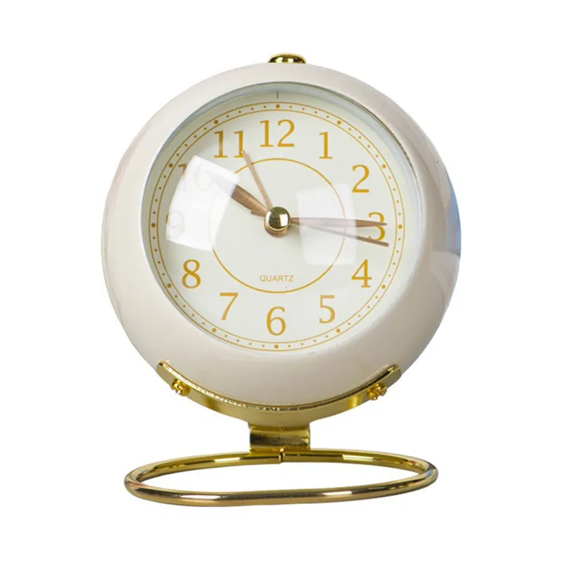 Vintage Small Table Clock French Style Metal Alarm Clocks Single Sided with Night Light Student Bedside Table Decoration Gift