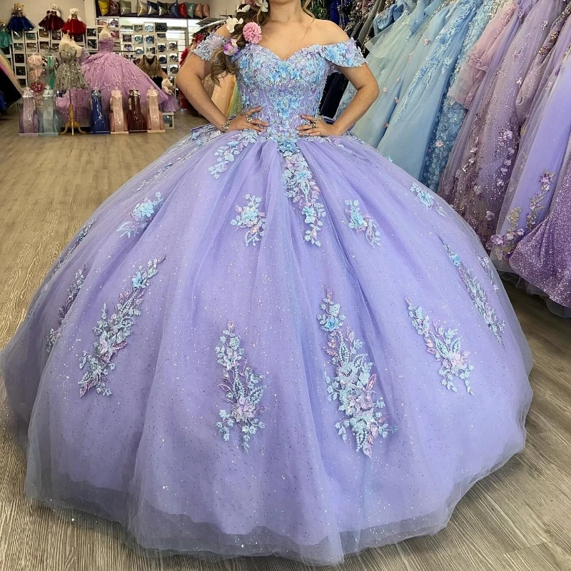 

Lavender Shiny Quinceanera Dresses Off The Shoulder Applique Lace Bow Vestidos De 15 Anos Princess Sweet 16 Dress Birthday XV