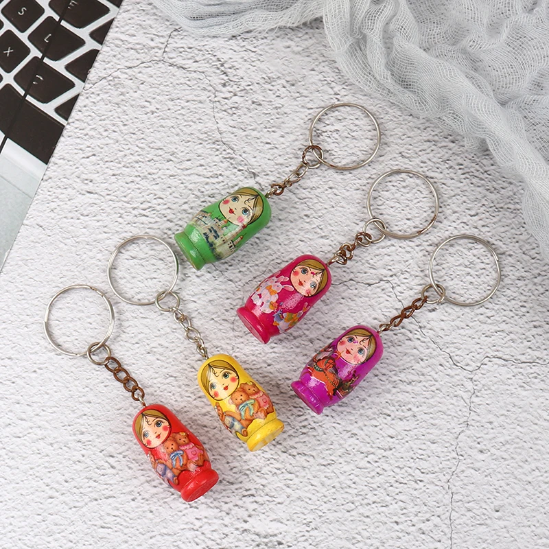 12pcs Matryoshka Russian Dolls Key Rings Drip Wood Keychains Decor Christmas Gift