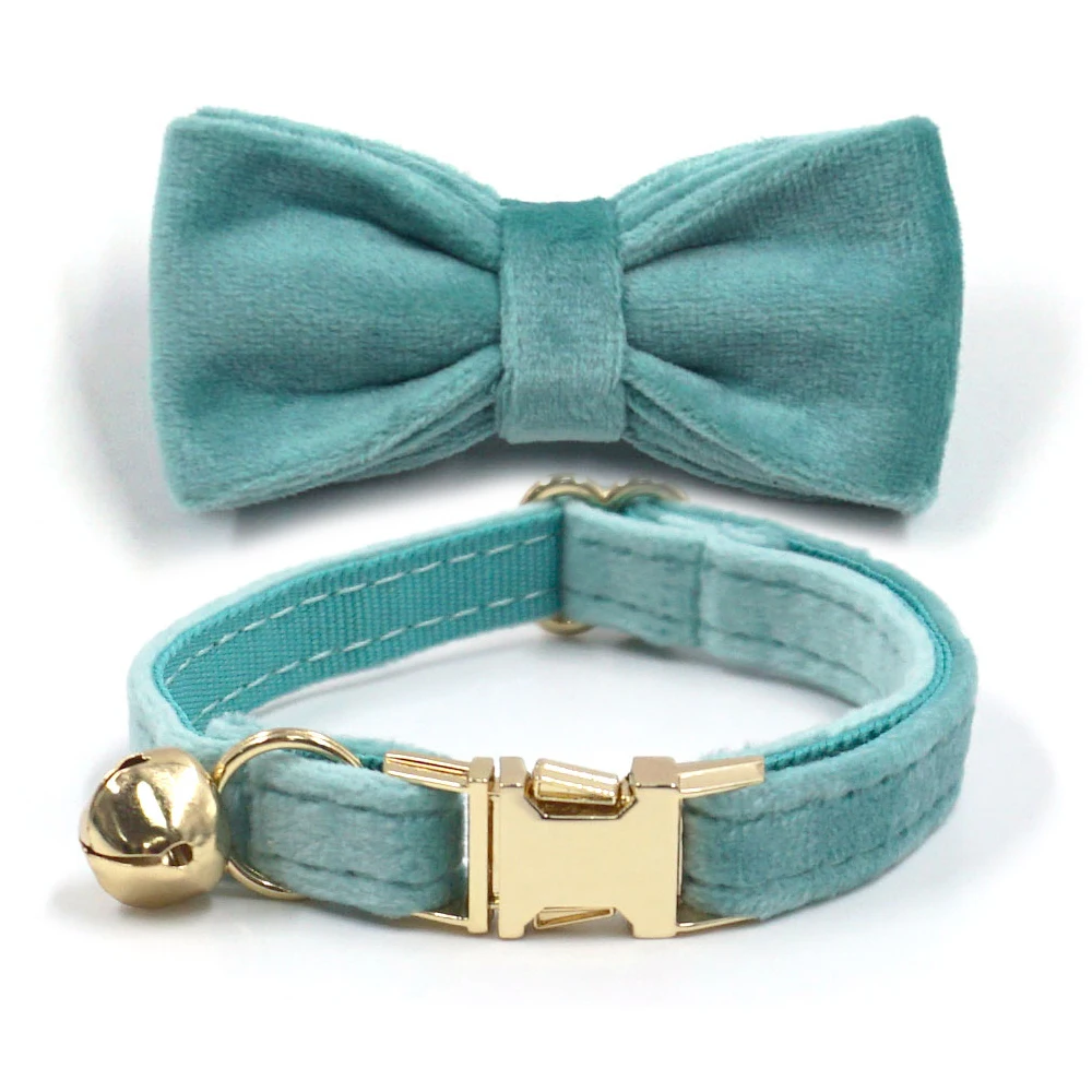 Tiffany Blue Velvet Personalized Cat Collar Luxury Gold Buckles Adjustable Non-Escape Collar for Cat with Bell Bow Accessories